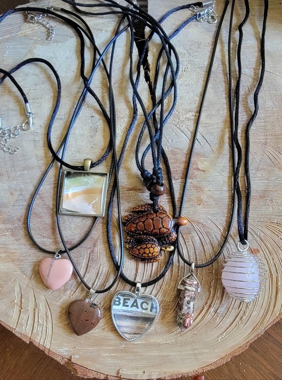 Handcrafted Set Of 7 Beach & Turtle & Stone Pendant Necklace .